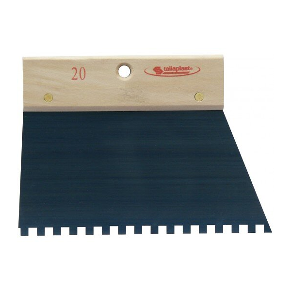 Peigne à colle pour carreleur avec lame en acier à dents carrées de 6 mm et poignée en bois  - largeur 20 cm