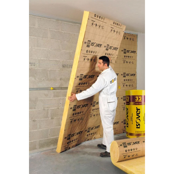 Rouleau laine de verre pour murs maçonnés - GR 32 revêtu Kraft Isover - R=2,35 m².K/W - 8,10 M x 1,20 M - ép.75 MM