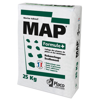 Mortier adhésif pour plaques de plâtre et isolants - Map Formule+ - sac de 25,00 KG