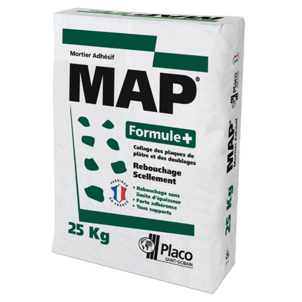 Mortier adhésif pour plaques de plâtre et isolants - Map Formule+ - sac de 25,00 KG