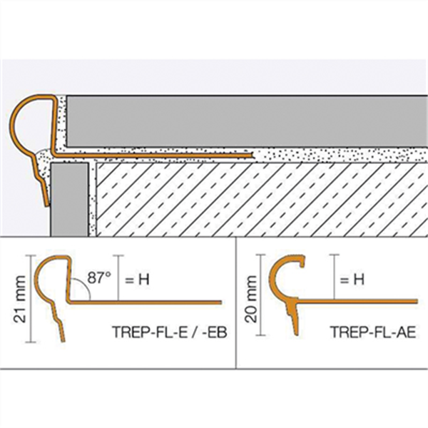 Nez de marche carrelage forme arrondie TREP-FL - Aluminium naturel mat - Haut.9,0 MM x Long.2,50 M