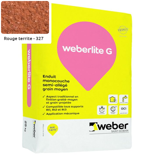 Enduit monocouche semi-allégé et coloré à grain moyen WeberLite G 327 Rouge territe - sac de 25 KG