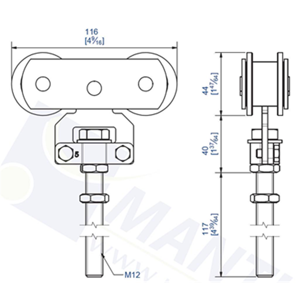 Monture fixation sur chant 2 galets en acier version longue 118 mm pour rail 50x40 - Lot de 2
