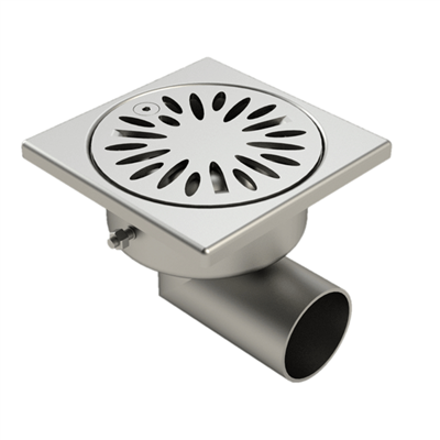 Siphon de douche en inox - cloche avec garde d'eau de 15 mm - 100 x 100 mm - sortie latérale 40 mm
