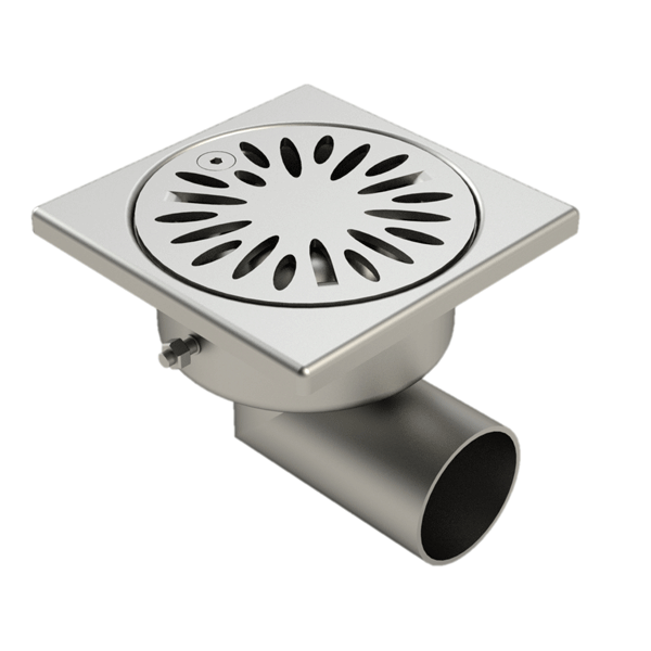 Siphon de douche en inox - cloche avec garde d'eau de 15 mm - 100 x 100 mm - sortie latérale 40 mm