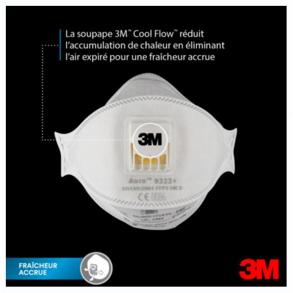 Masque de protection FFP2 pliable 3M Aura 9322+ antipoussière de ponçage -  avec soupape - lot de 10