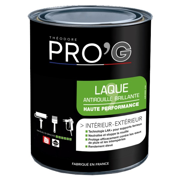 Laque antirouille Théodore Pro'G - Fer intérieur extérieur - Noir mat Ral 9005 - Pot de 1L