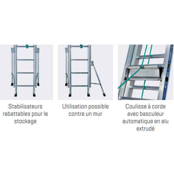 Échelle coulisse à corde 2 plans - Platinium 300 Tubesca - Hauteur d'accès 8,92 m - Aluminium