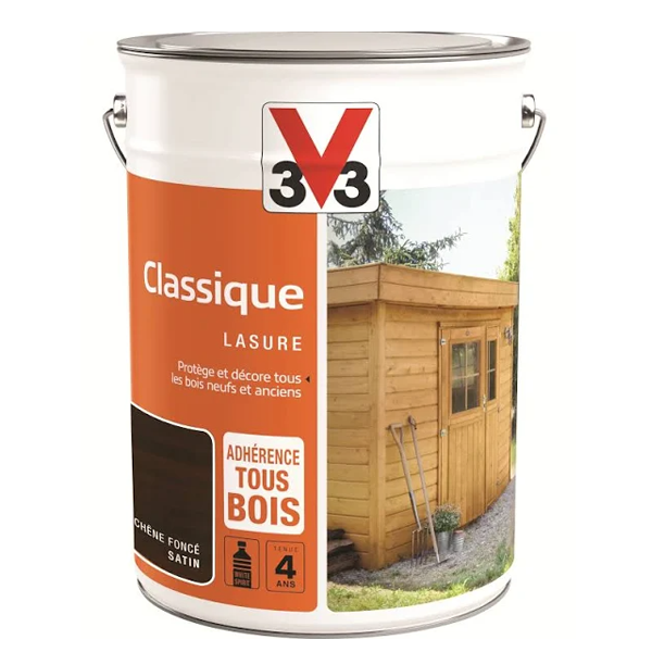 Lasure classique V33 pour bois neufs et anciens - Tenue 4 ans - Chêne foncé - Satin - Pot 5L