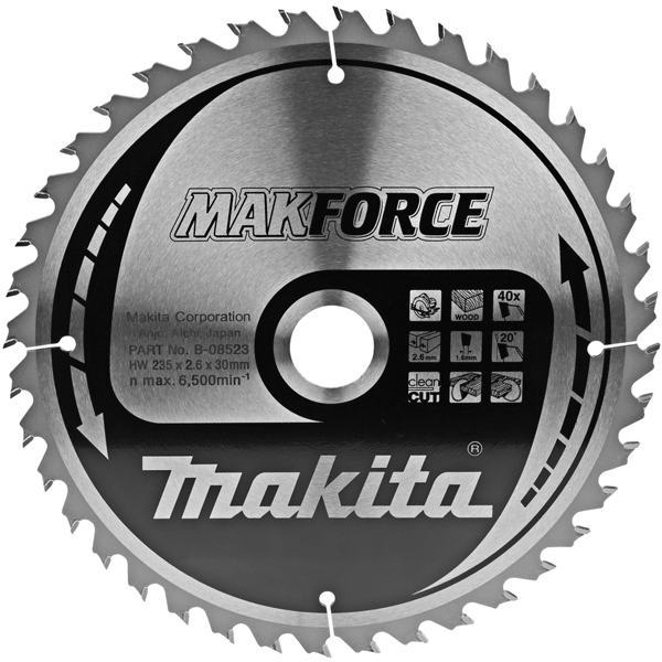 Lame Scie Circulaire Bois TCT MakForce Makita Diamètre 235x30mm 40 Dents