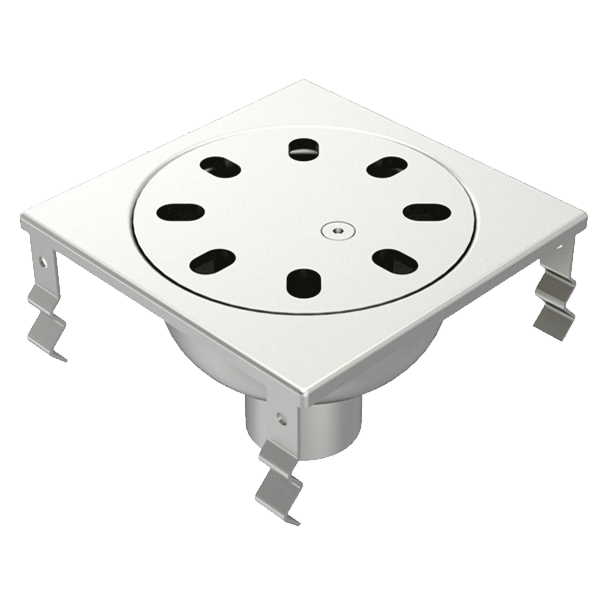 Siphon de douche en inox avec vis d'inviolabilité - cloche avec garde d'eau de 50 mm - 200 x 200 mm - sortie verticale 63 mm