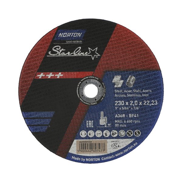 Disque à tronçonner Acier/Inox  Ø230x2.5x22.23mm Norton Starline