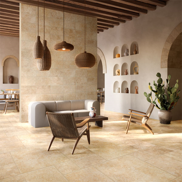 Carrelage effet pierre en grès cérame avec bords rustiques - Pierre Éternelle GRIP R11B - 50,0 cm x 50,00 cm - ép. 9,00 mm - Beige