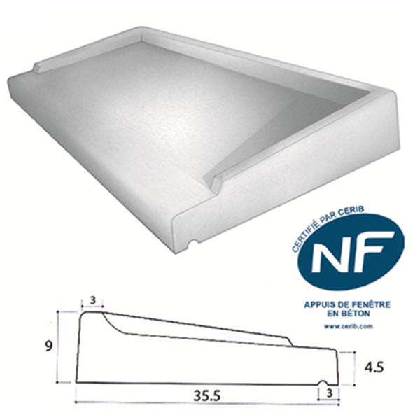 Appui de baie ou de fenêtre ABS 2 en béton monobloc gris - profondeur 35,5 CM - longueur 98 CM