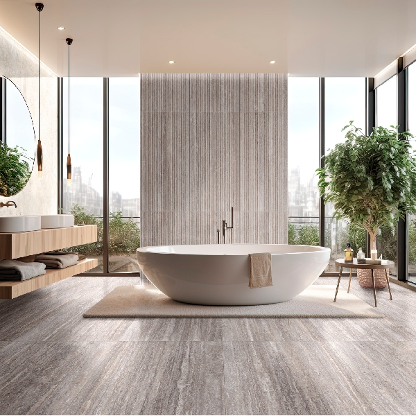 Carrelage effet pierre naturelle de travertin pour sol et mur R9 - Realstone Travertino Vein Titanio rectifié - 150 x 75 cm - ép. 9 mm