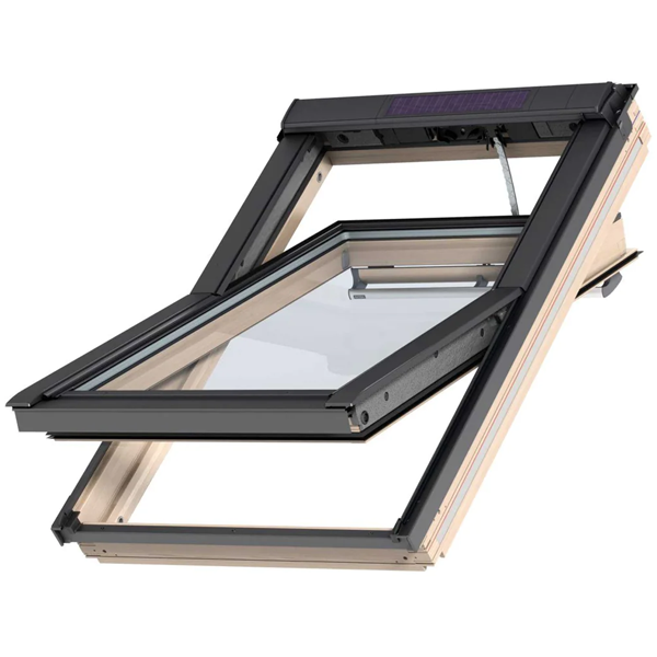 Fenêtre de toit motorisée solaire Velux GGL Integra Solar tout confort SK06 ClearFinish bois - 114,0 CM x 118,0 CM