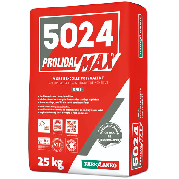 Mortier-colle amélioré polyvalent - 5024 Prolidal Max - Gris - Sac de 25 KG