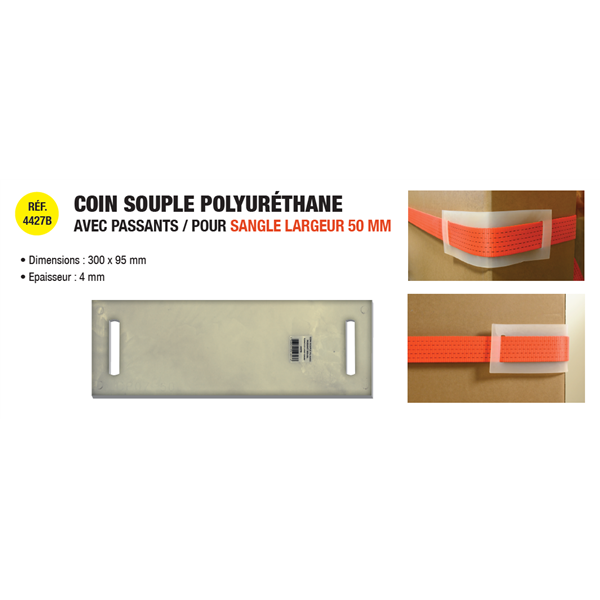 Coin de protection pour sangle d'arrimage plate maxi 50 mm en polyuréthane avec passants - Levac - 300 x 95 mm