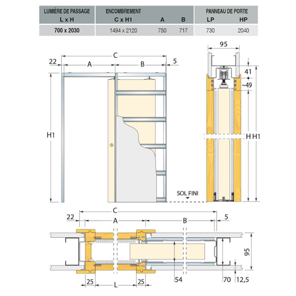Système à galandage pour porte coulissante - châssis un ventail - Eclisse Unique 95 - porte de 204,0 CM x 73,0 CM