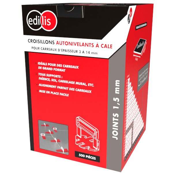 Croisillon autonivelant à cale Edilis pour carrelage grand format de 3 à 14 MM d'épaisseur - joint de 1,5 MM - 500 pièces