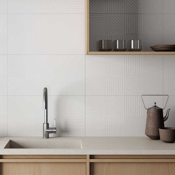 Faïence salle de bain en grès cérame émaillé - Noah blanc mat à motif floral - 60,0 CM x 31,6 CM - ép. 9,50 MM