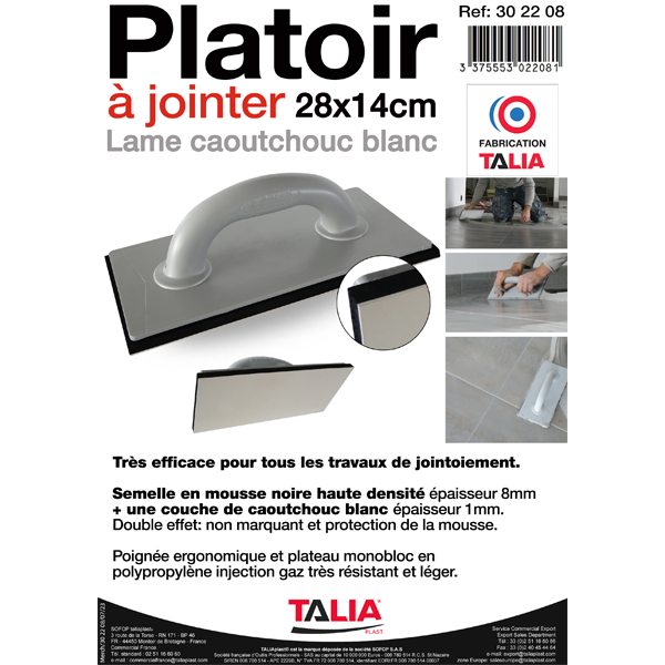 Platoir à jointer de carreleur avec mousse haute densité et couche de caoutchouc blanc - Taliaplast - 28 x 14 cm