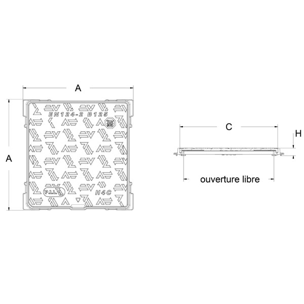 Regard de visite hydraulique en fonte B125 avec surface antidérapante et garde anti-odeur - ouverture libre 700,0 mm x 700,0 mm