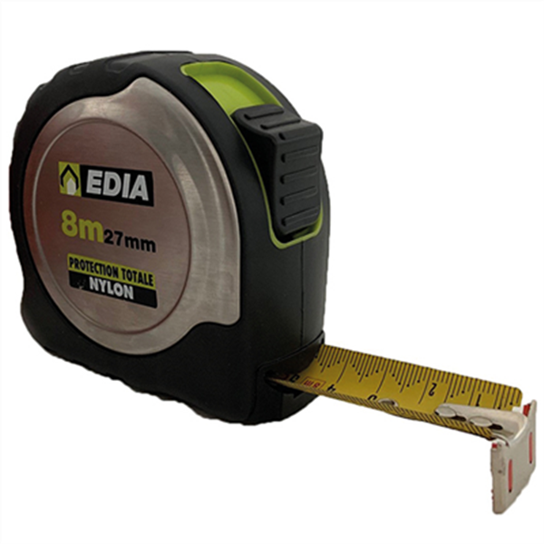 Mètre ruban 8 mètres EDIA XL à double graduation et crochet grip 27 mm classe 2