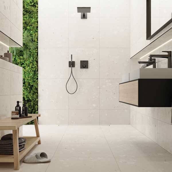 Carrelage sol intérieur effet terrazzo en grès cérame émaillé avec surface ABS - Castone - 80,0 CM x 80,0 CM - ép. 10,00 MM - Beige dune