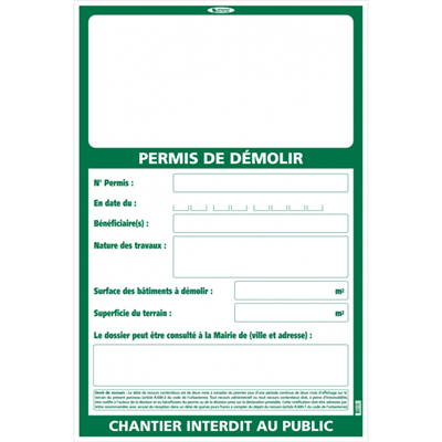 Panneau permis de démolir grand modèle 1200 x 800 mm Taliaplast