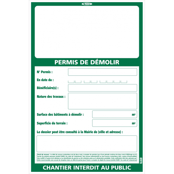 Panneau permis de démolir grand modèle 1200 x 800 mm Taliaplast