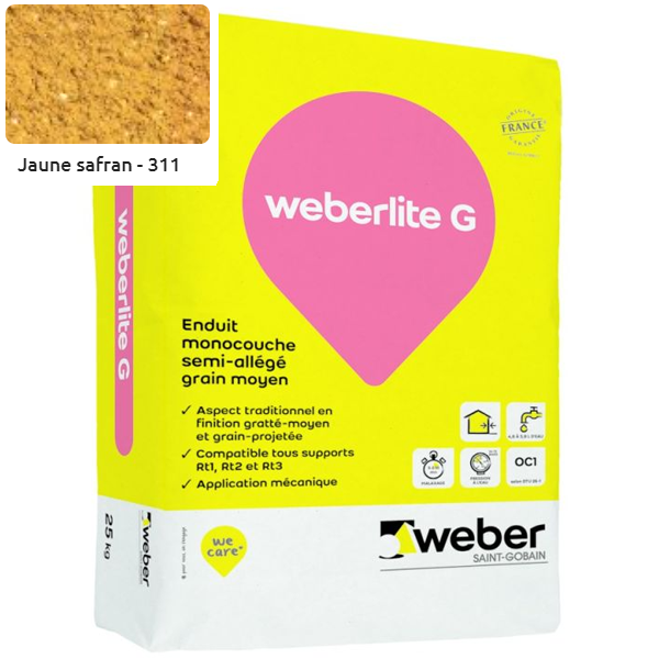 Enduit monocouche semi-allégé et coloré à grain moyen WeberLite G 311 Jaune safran - sac de 25 KG