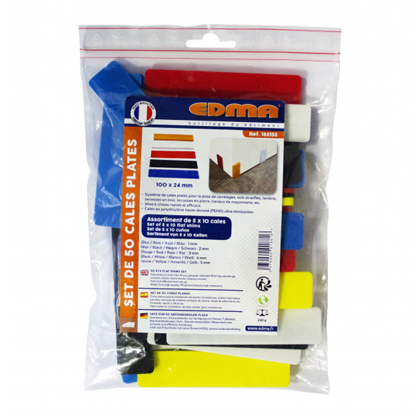 Cale plate pour pose de sols - Edma - 100 x 24 mm - Assortiment de 50 cales de 1 à 5 mm