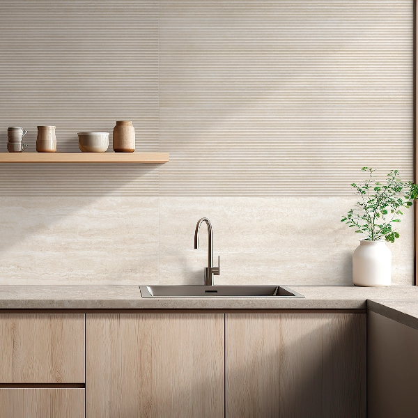 Carrelage mural imitation pierre naturelle de travertin - Travertino Wall 3D Pli Vein Bianco rectifié - 120 x 40 cm - ép. 12 mm