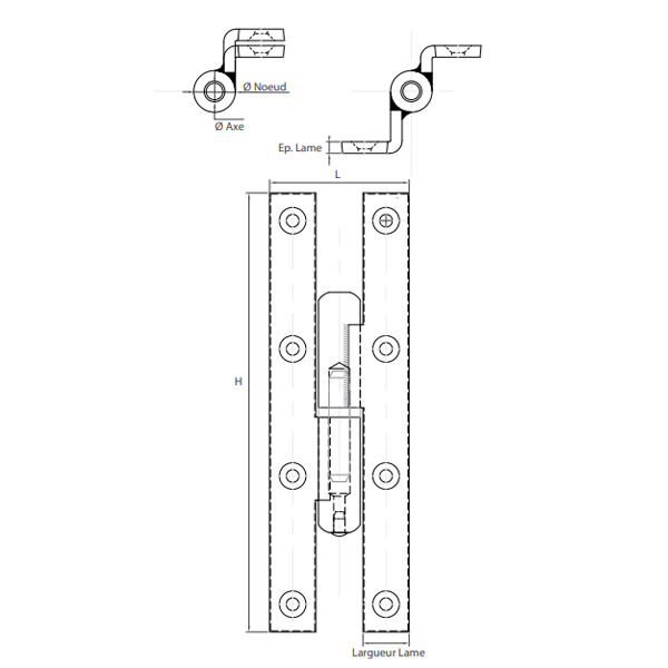 Paumelle picarde coudée à bouts carrés - bague laiton - sens droit -  nœud Ø 18 mm  -190 x 80 x 100 mm