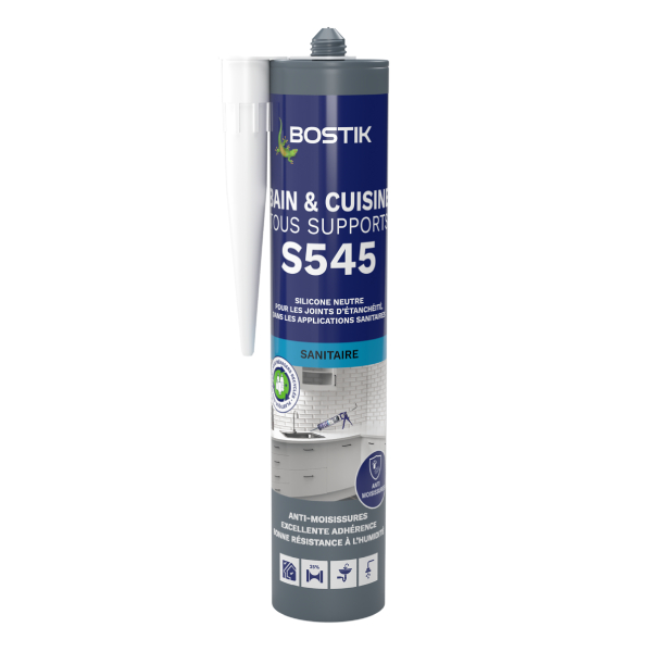 Mastic silicone S545 pour bain, cuisine, tous supports - Translucide - Cartouche de 300 ml