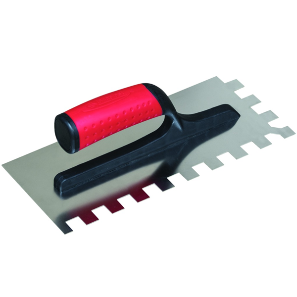 Platoir à colle pour carreleur avec lame inox à dents carrées de 12x12 mm et poignée en polyamide - 28 x 12 cm