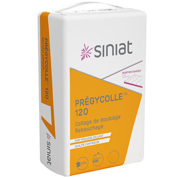 Mortier colle adhésif Siniat Prégycolle 120 pour collage de doublage isolant et plaque de plâtre - sac de 25 KG