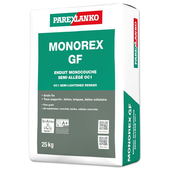 Enduit monocouche semi-allégé OC1 à grain fin Parexlanko Monorex GF - Teinte R63 - Sac de 25 KG