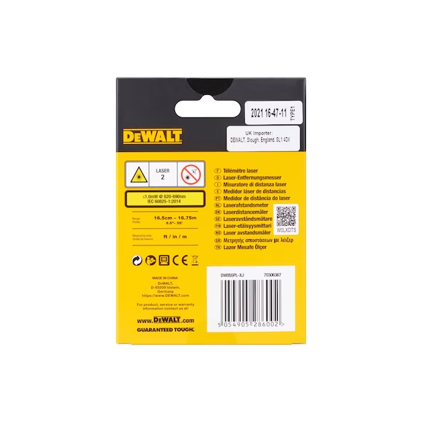 Télémètre laser de poche Dewalt DW055PL-XJ à batterie Li-Ion - portée de 16 mètres - précision ± 6 mm
