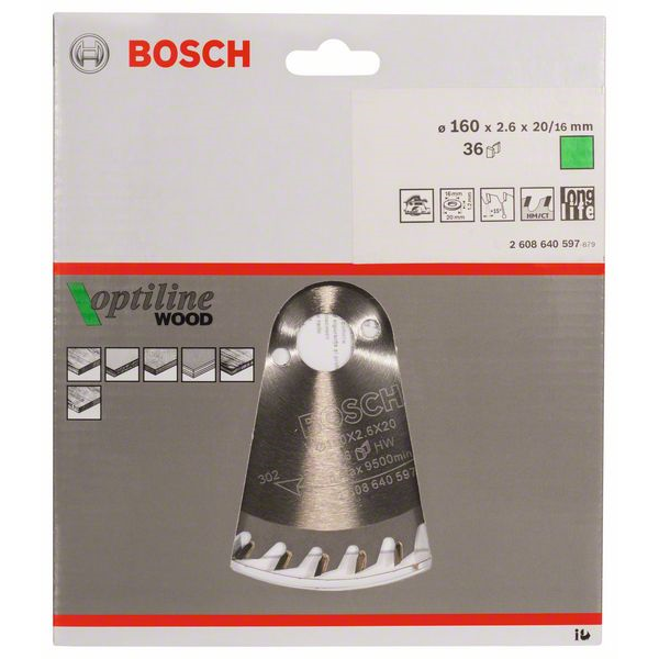 Lame scie circulaire Bosch Optiline Wood tout type de bois ⌀ 160 mm alésage 20 mm 36 dents