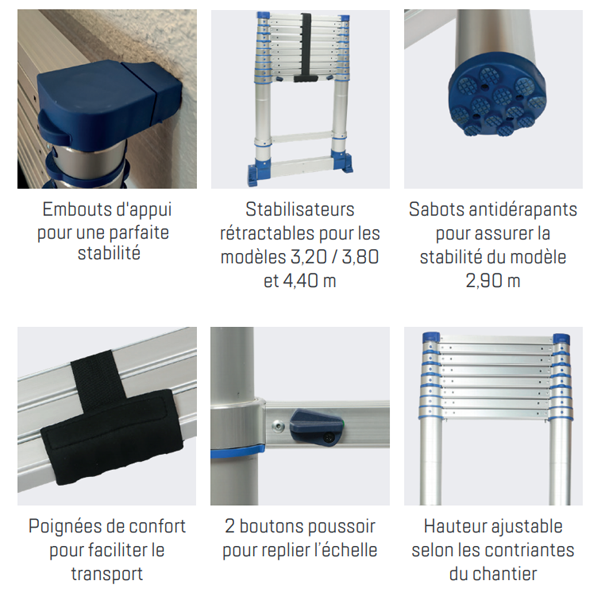 Échelle télescopique ultra compacte - X-Tenso 2 Tubesca - Hauteur dépliée 4,40 m - Hauteur de travail 5,30 m - Aluminium