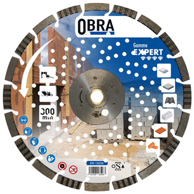 Disque diamant expert pour découpe matériaux durs Ø 300 mm - Obra - 20 segments - Alésage 25,4 mm