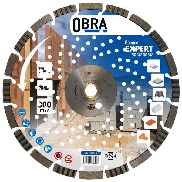 Disque diamant expert pour découpe matériaux durs Ø 300 mm - Obra - 20 segments - Alésage 25,4 mm