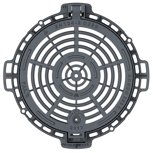 Regard eau pluviale avec grille en fonte PMR C250 articulée verrouillée et cadre avec joint antibruit - ∅850 mm passage utile ∅600 mm
