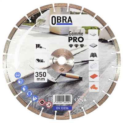 Disque diamant Pro pour matériaux durs Ø 350 mm Obra - 24 segments 40 x 3,2 x 10 mm - Alésage 25,4 mm