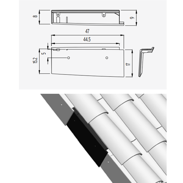 Tuile de rive à rabat universelle Tejas Borja - côté gauche du toit - coloris Nature Lamalou - 470 MM x 90 MM