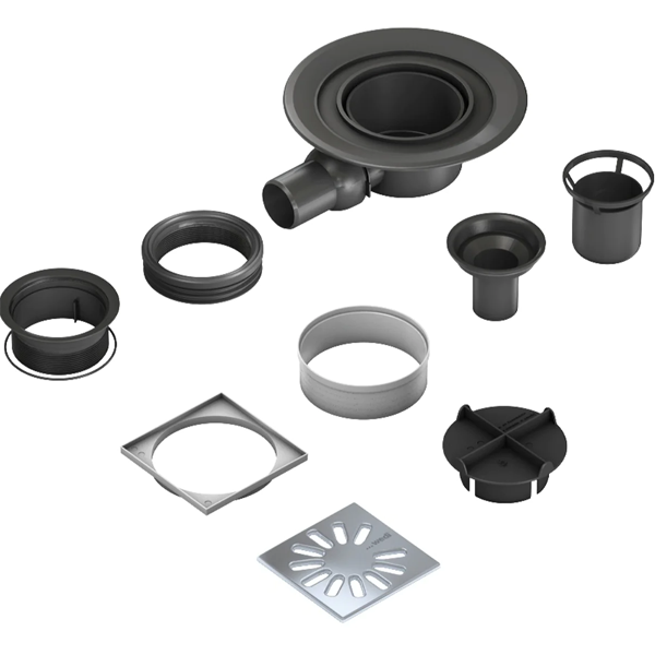 Kit siphon horizontal Wedi Fundo pour receveur de douche avec écoulement en un point - grille carrée DN50