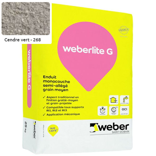 Enduit monocouche semi-allégé et coloré à grain moyen WeberLite G 268 Cendre vert - sac de 25 KG