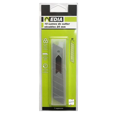 Lame biseautée sécable pour cutter - Edia - Largeur 25 mm - Lot de 10 avec étui distributeur